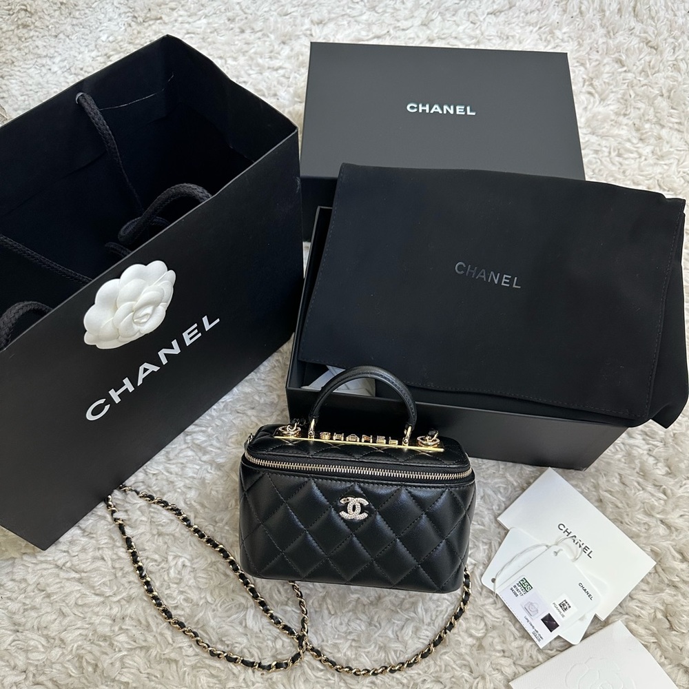 CHANEL lambskin trendy vanity bag with gold hardware and crystal logos